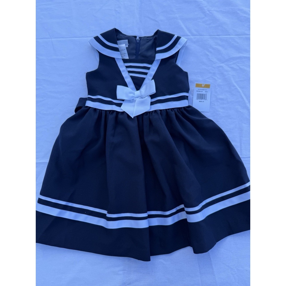 New Bonnie Jean Girls Nautical Sailor Navy Blue Party Dress Toddler 3T